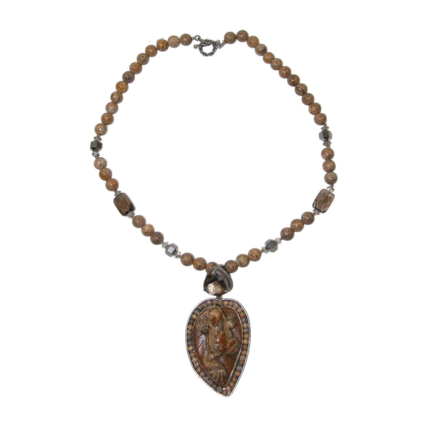 8499 Carved Picture Jasper Frog, Whiskey Topaz, Hematite Sterling Silver Beaded Necklace
