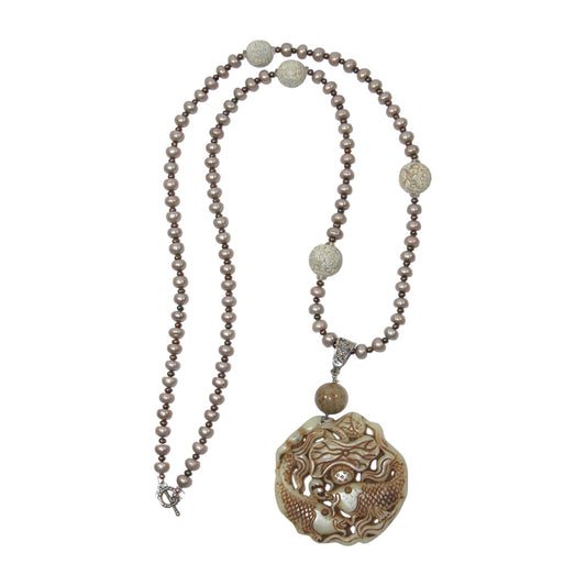 19121 Carved Jade Koi Fish, Freshwater Pearl Sterling Silver Beaded Necklace