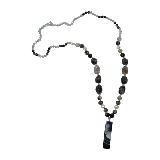 5207 Black Agate, Crystal Sterling Silver Beaded Necklace