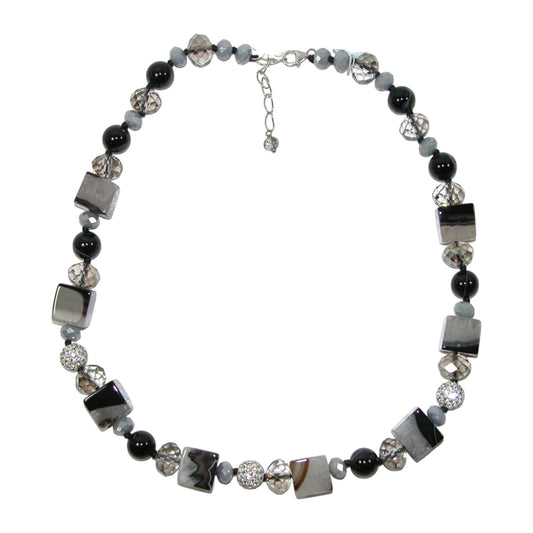 5372 Agate, Crystal Black Onyx Sterling Silver Beaded Necklace