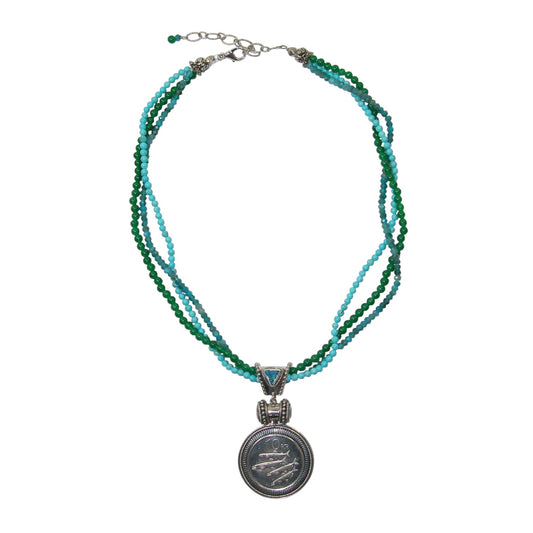 32990 Turquoise Coin Sterling Silver Beaded Necklace