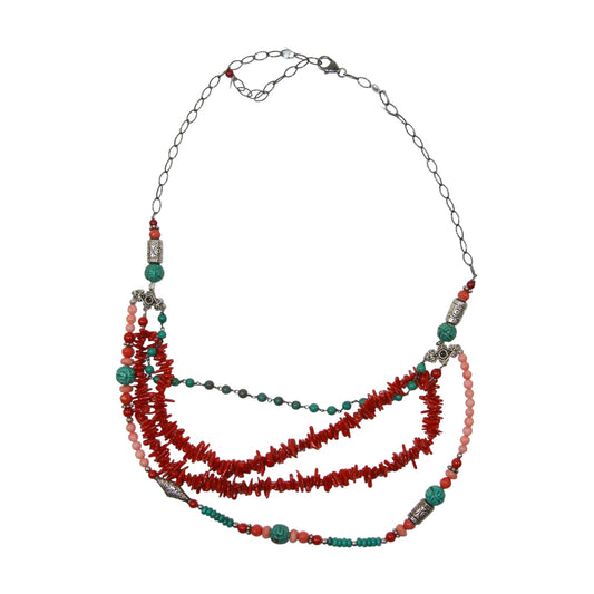 Coral, Turquoise Sterling Silver Beaded Necklace