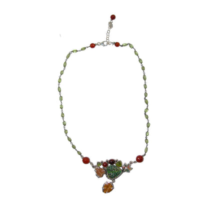 30970 Carved Carnelian and Jasper with Enamel Leaves Sterling Silver Necklace