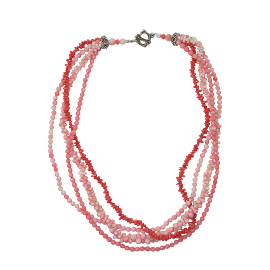 31829 Coral Eight Strand Sterling Silver Beaded Necklace