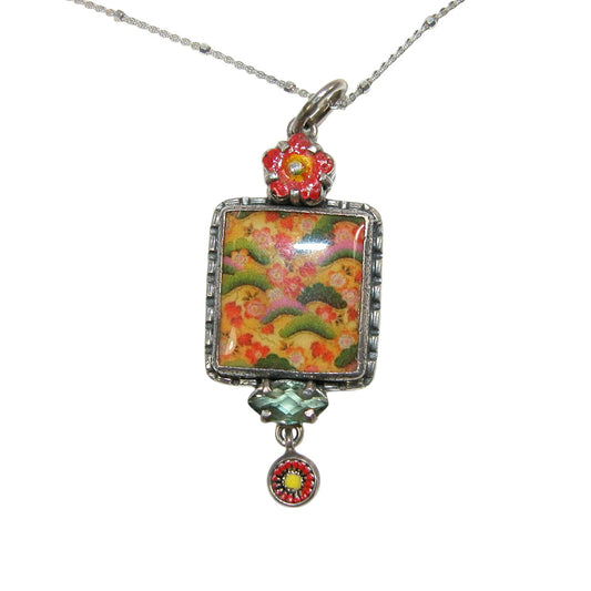 30953 Hand Enamel Tile Floral Sterling Silver Necklace