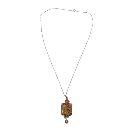 30953 Hand Enamel Tile Floral Sterling Silver Necklace