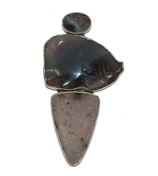 30983 Botswana Agate, Brazilian Agate Druzy, Sterling Silver Pin Pendant