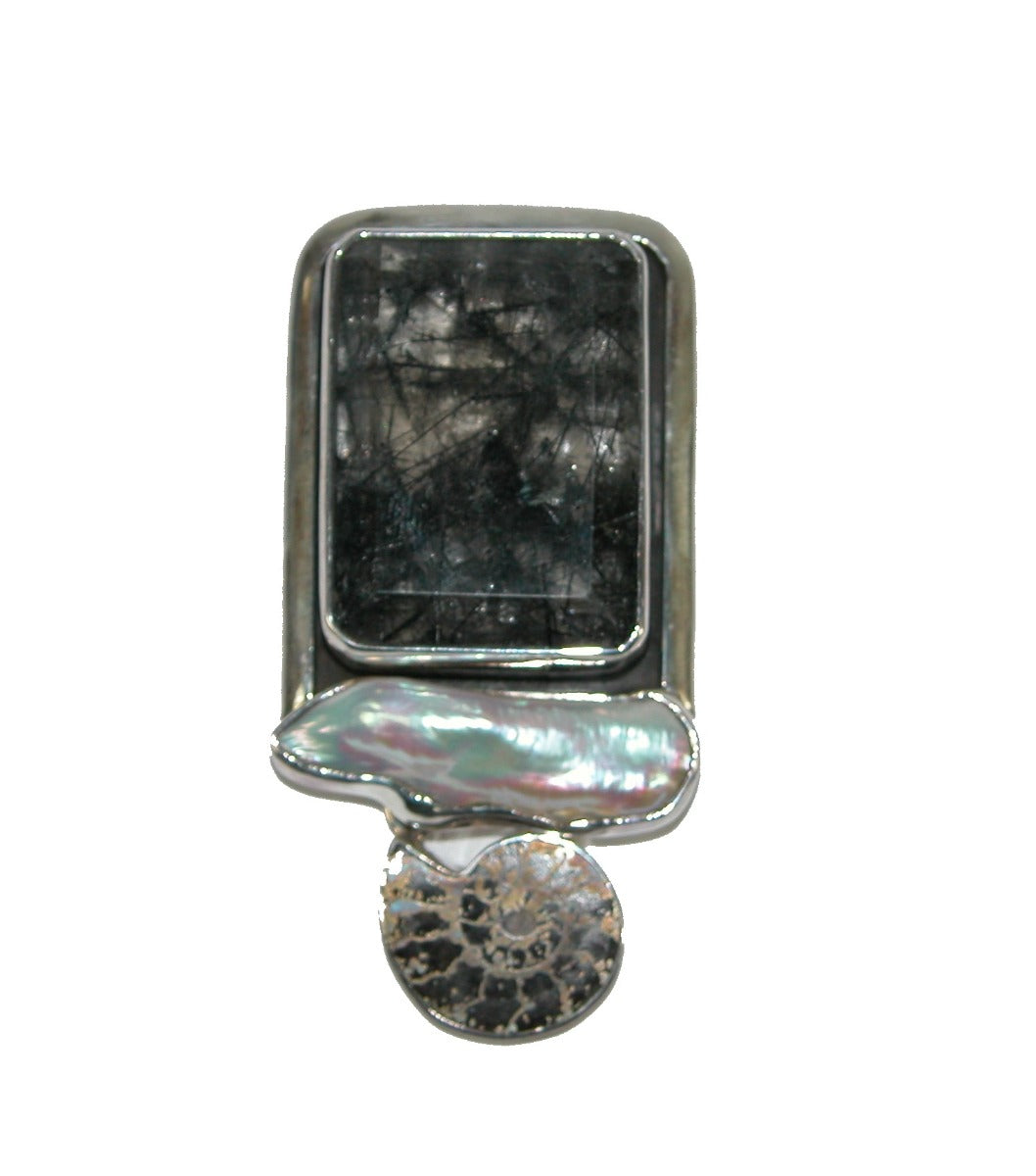 Tourmalated Quartz, Ammolite and Freshwater Pearl Sterling Silver PIN