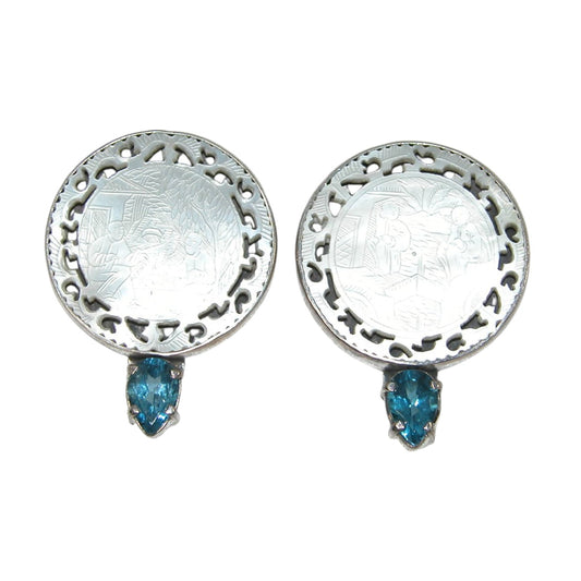 30986 Mother of Pearl Game Piece, Blue Topaz Sterling Silver Earrings