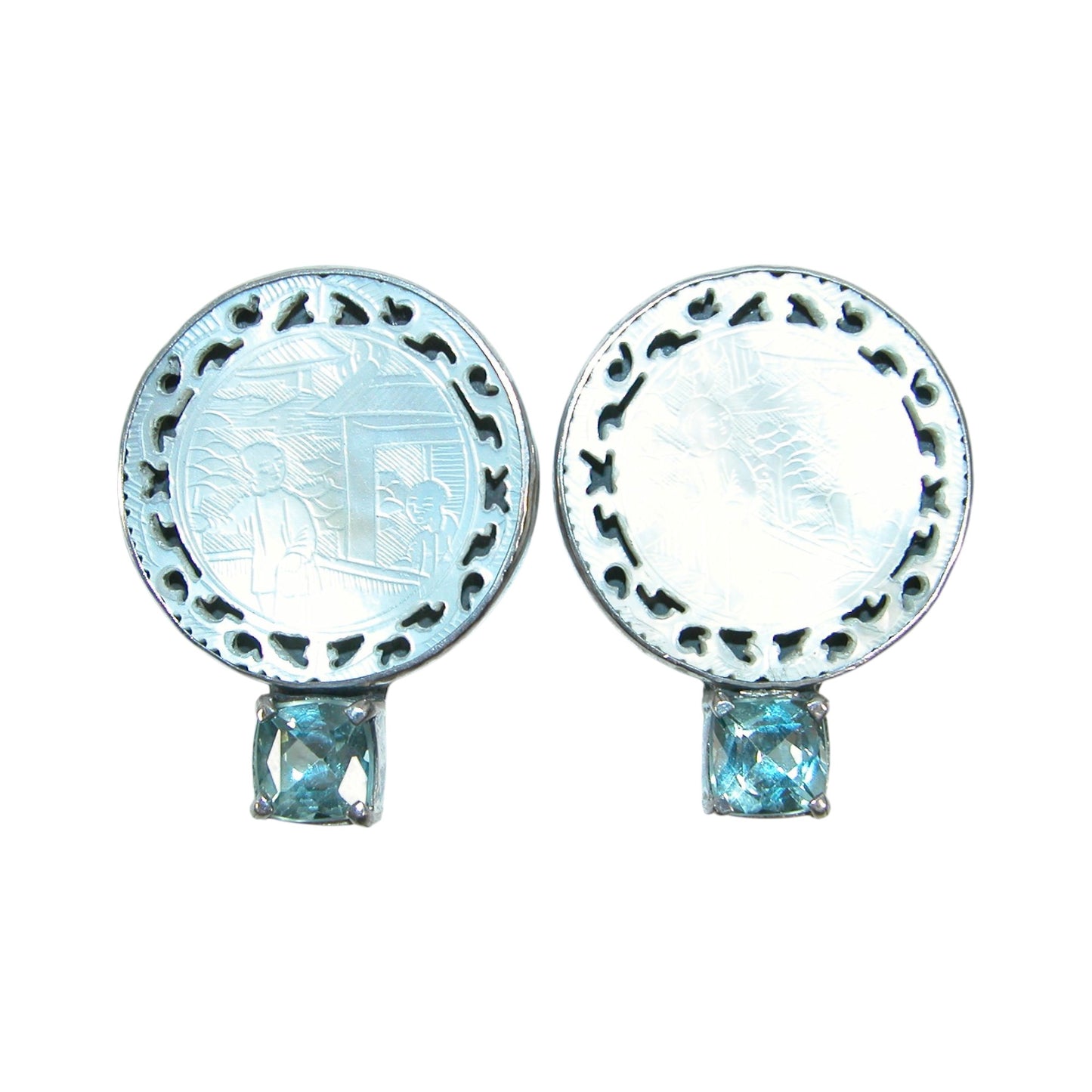 30986B Carved Freshwater Pearl, Aquamarine Sterling Silver Earrings