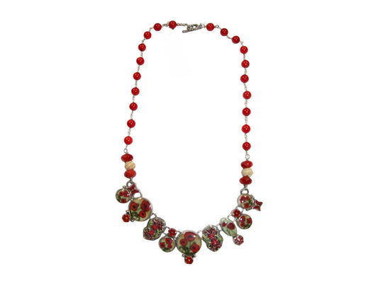 30987 Coral, Carved Bone, Hand Enameled Poppy, Sterling Silver Necklace