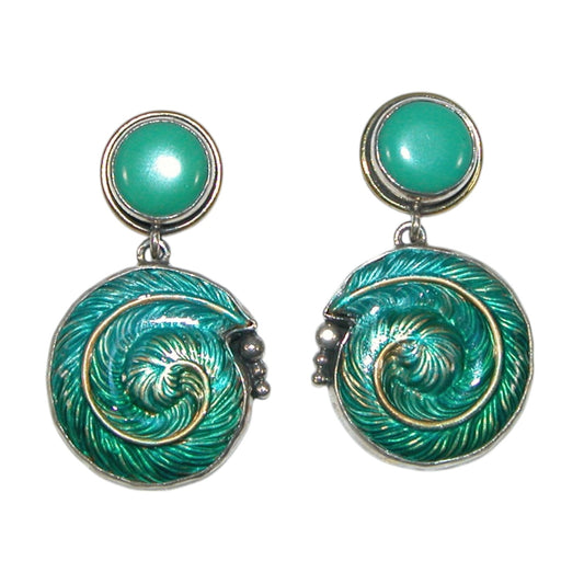 Turquoise Enamel Feather Swirl Sterling Silver Earrings