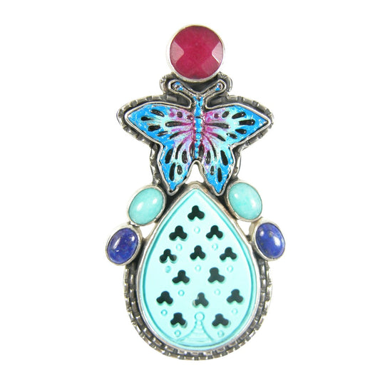 31003 Carved Turquoise Hand Painted Enamel Butterfly Sterling Silver Pin Pendant