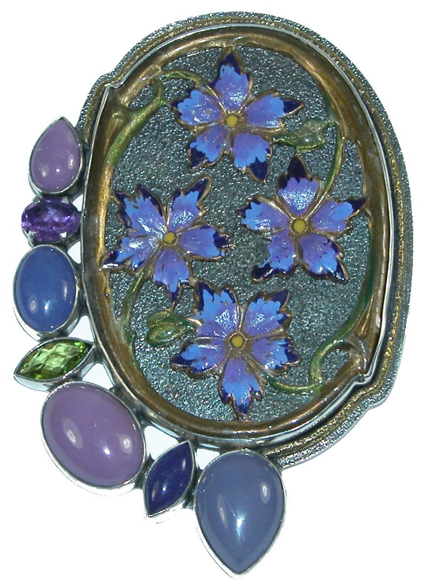 Purple Enameled Flowers Phosphosiderite Amethyst Quartz Sterling Silver Pin/Pendant