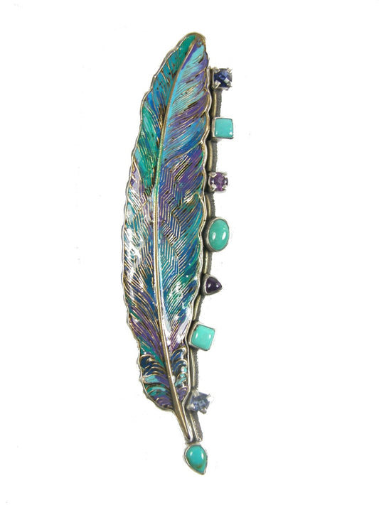 Hand-Painted Enamel Feather with Turquoise Sterling Silver Pin and Pendant