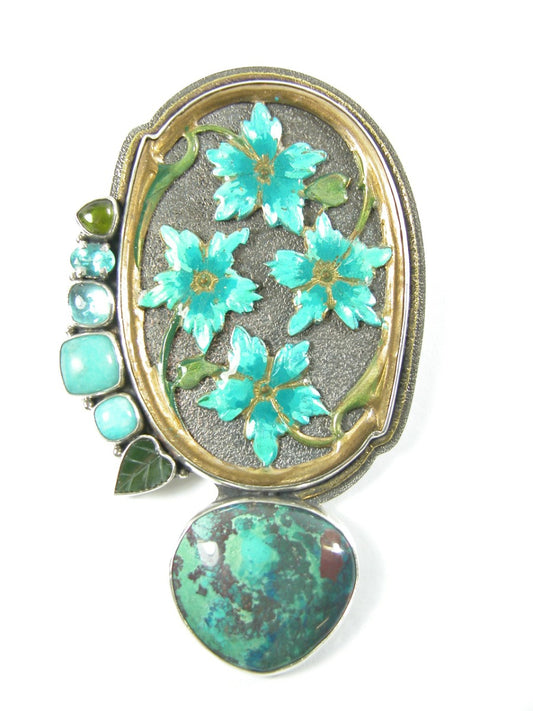 Hand Painted Enamel Flowers Turquoise Amazonite Sterling Silver Pin Pendant