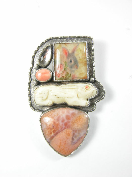 Handmade Bunny Tile Coral Sterling Silver Pin Pendant