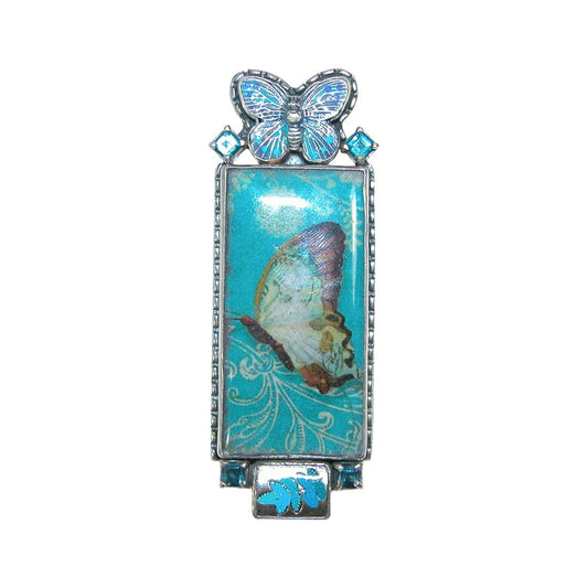 31015 Hand Made Tile, Hand Enameling Butterfly, Blue Topaz Sterling Silver Pin and Pendant