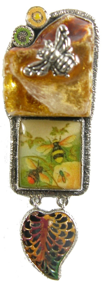 Handmade Bee Tile Amber Enamel Sterling Silver Pin Pendant