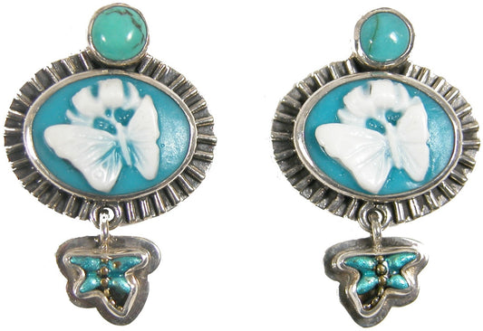 31022 Turquoise Hand-Painted Enamel and Cameo on Sterling Silver Earring