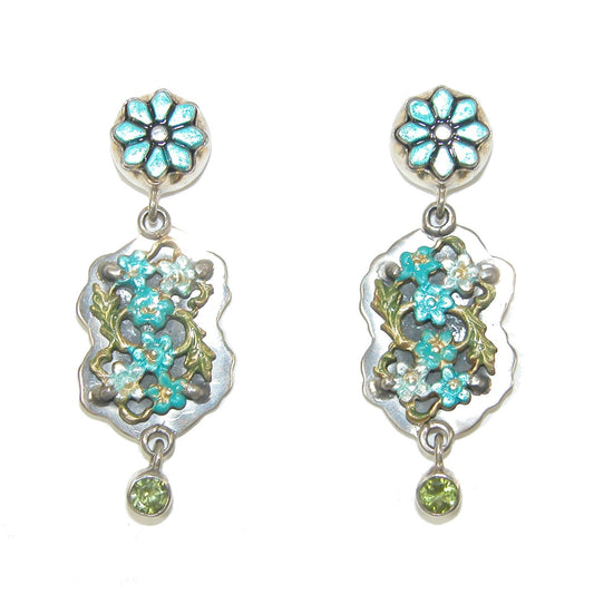 Peridot and Hand Painted Enamel Floral Dangle Sterling Silver Earrings