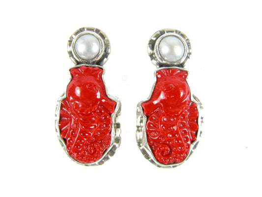 31026 Freshwater Pearl Red Seahorse Sterling Silver Earring