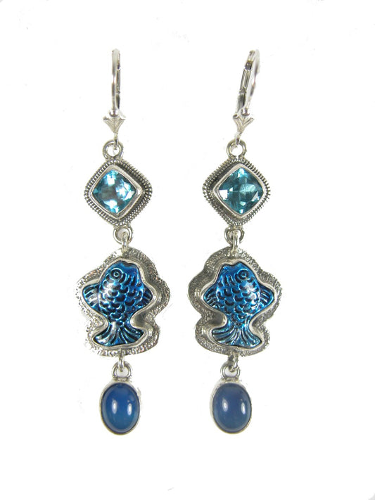 31028 Hand-Painted Enamel Fish with Blue Topaz Sterling Silver Leverback Earring