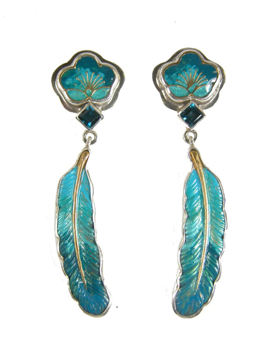 Blue Topaz Painted Enamel Flower Feather Sterling Silver Earring