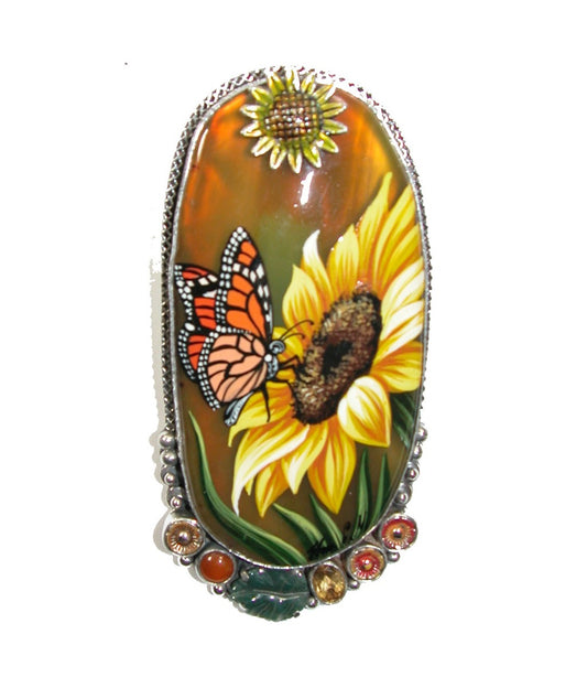 Sunflower and Butterfly Painted on Agate with Jade Leaf on Sterling Silver Pin Pendant