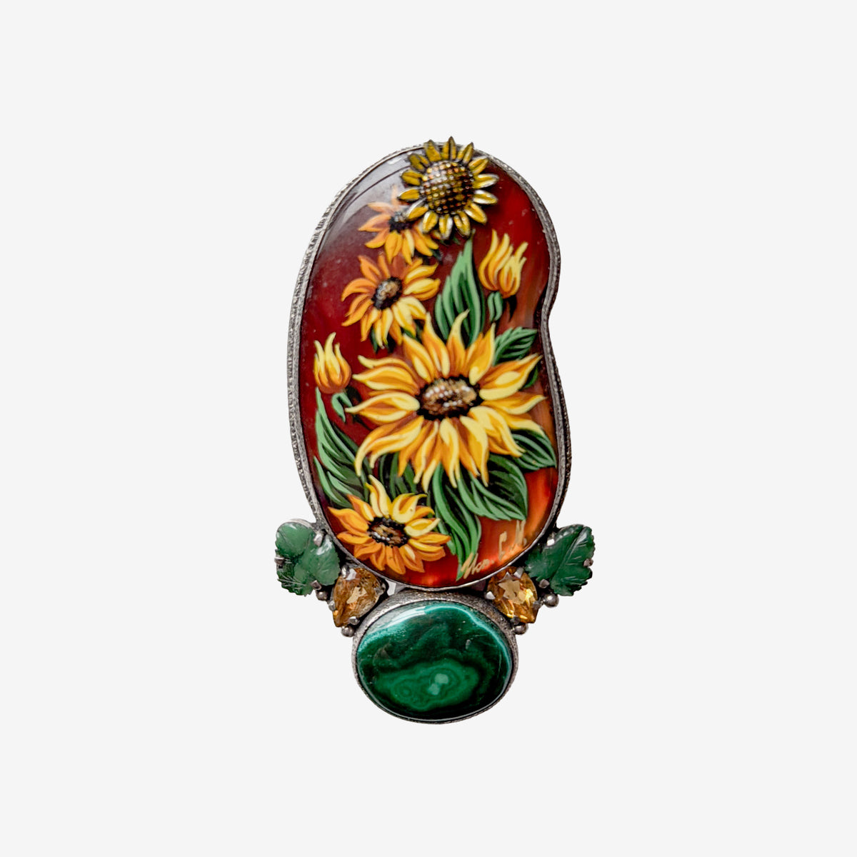 31063 Sunflower on Agate with Malachite on Sterling Silver Pin and Pendant