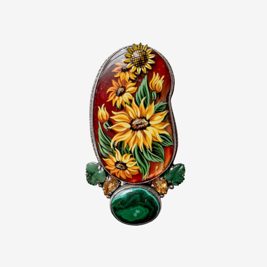 31063 Sunflower on Agate with Malachite on Sterling Silver Pin and Pendant