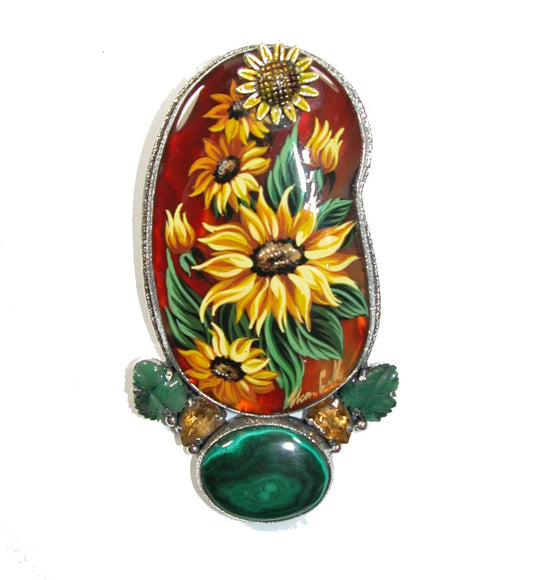 Sunflower on Agate with Malachite on Sterling Silver Pin and Pendant