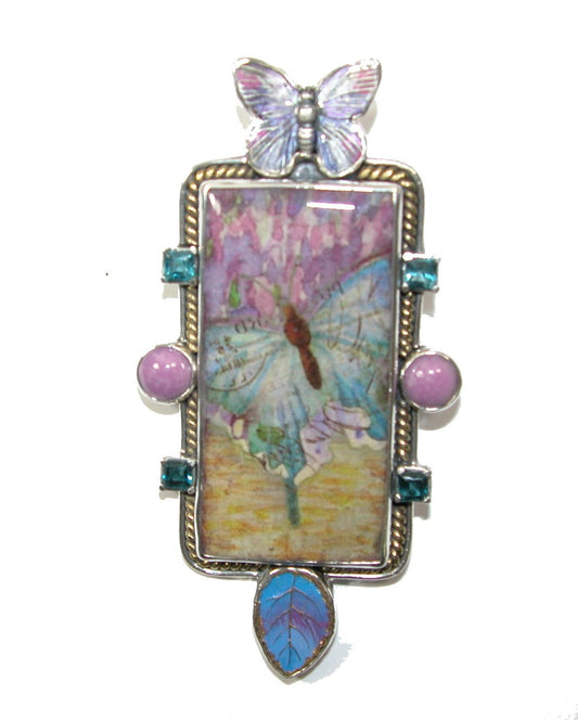 31065 Butterfly Tile Enameled Leaf Blue Topaz, Phosphosiderite Sterling Silver Pin or Pendant