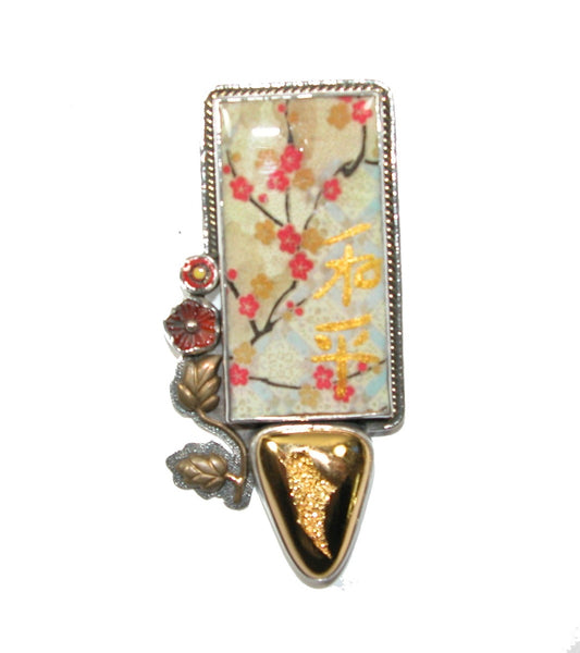 Handmade Cherry Blossom Tile on Sterling Silver Pin Pendant