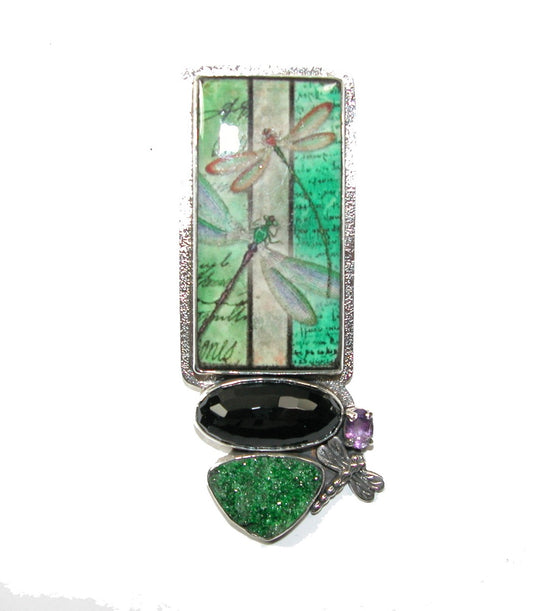 31068 Handmade Tile Dragonfly with Black Onyx and Amethyst Sterling Silver Pin Pendant