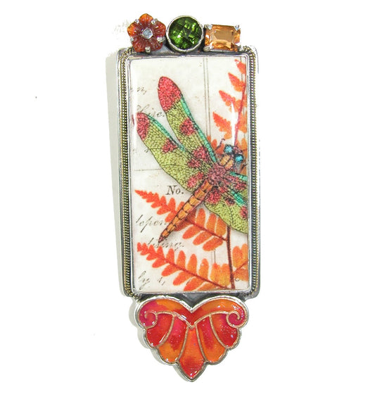 Dragonfly Handmade Tile with Carnelian Carved Flower Pin Pendant on Sterling Silver