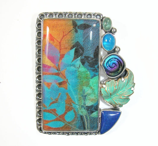 31074 Blue Onyx and Lapis with Handmade Leaf Tile Sterling Silver Pin Pendant