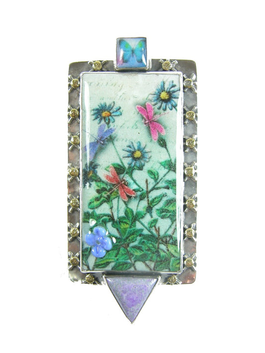 Handmade Dragonfly and Flowers Tile with Sugilite Pin Pendant