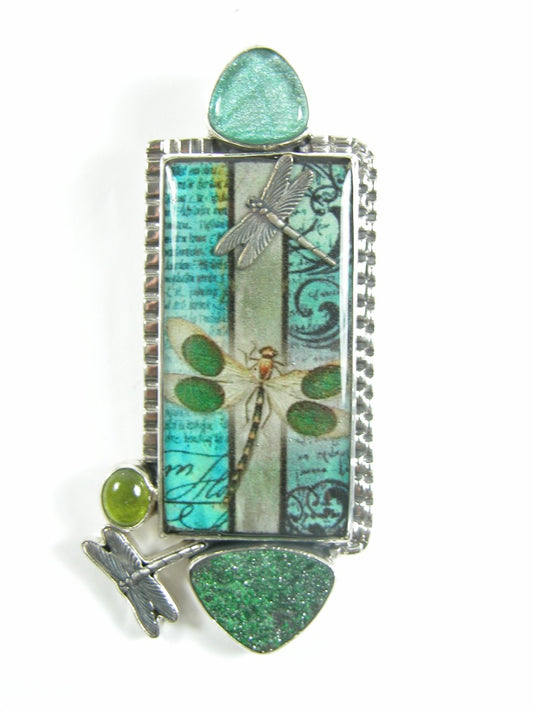 Uvarovite  Tapestry under Quartz Handmade Tile Sterling Silver