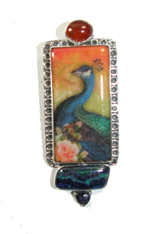 Azurite and Iolite Handmade Peacock Tile on Sterling Silver Pin Pendant