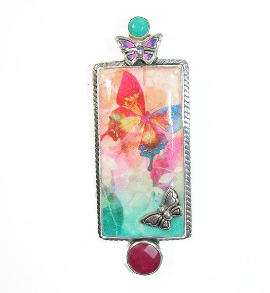 31079 Handmade Butterfly Tile with Turquoise and Raspberry Quartz Sterling Silver Pin Pendant