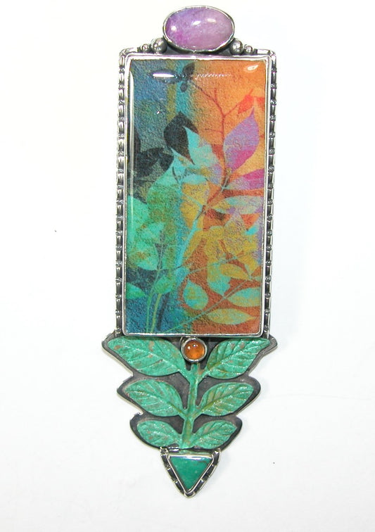 Handmade Tile Sugilite and Hessonite on Sterling Silver Pin Pendant