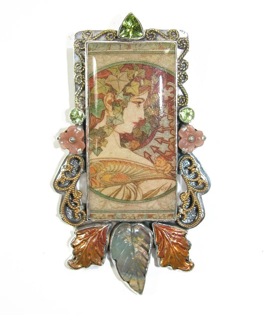 31082 Peruvian Opal and Peach Calcite on Handmade Tile Sterling Silver Pin Pendant