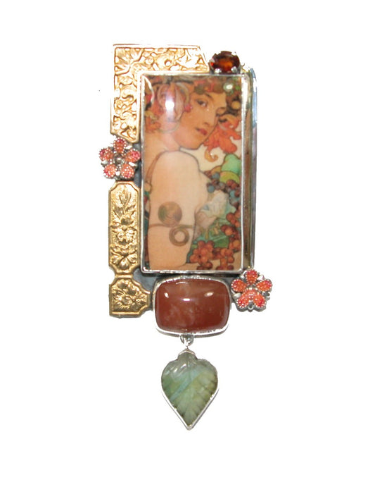 31084 Handmade Lady Tile with Garnet on Sterling Silver Pin Pendant