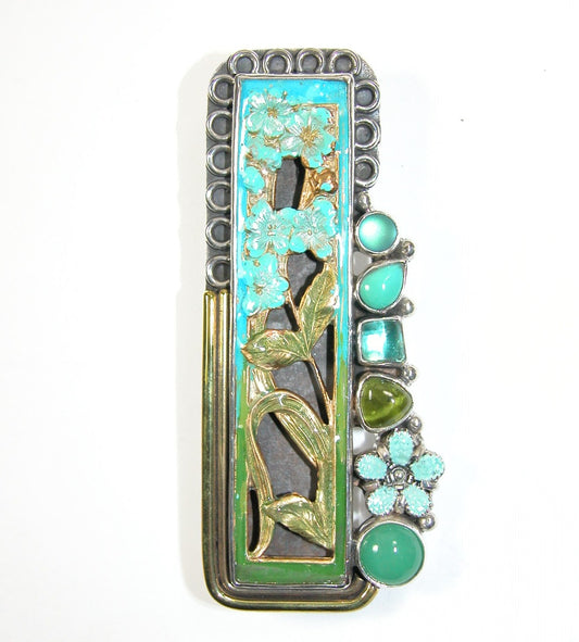 310858 Hand-Painted Enamel Flower with Chrysoprase on Sterling Silver Pin Pendant