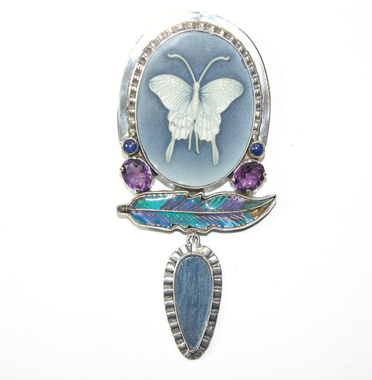 Butterfly Cameo and Kyanite and Amethyst on Sterling Silver Pin Pendant