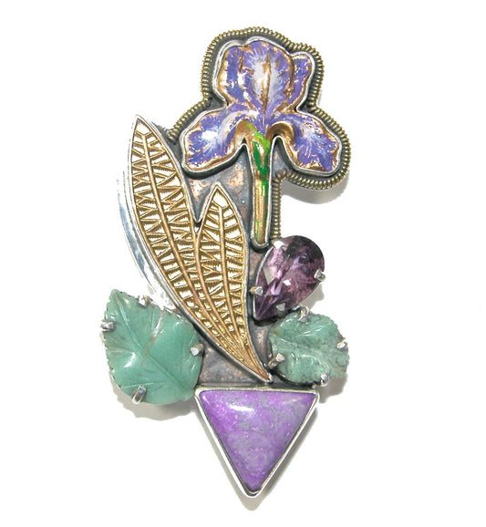31088 Hand-Painted Enamel Lily with Sugilite on Sterling Silver Pin and Pendant