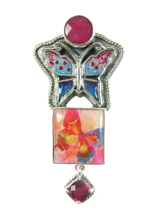 31093 Raspberry Quartz and Enamel Butterfly on Sterling Silver Pin Pendant