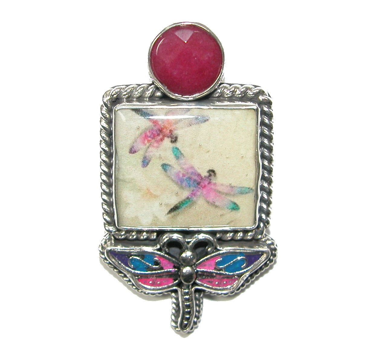 31094 Raspberry Quartz on Handmade Dragonfly Tile on Sterling Silver Pin Pendant