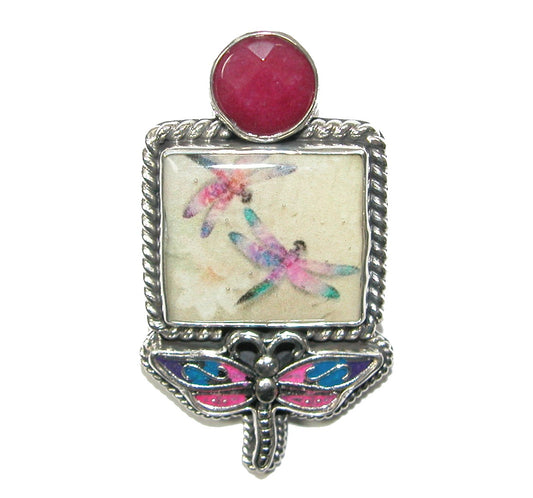 31094 Raspberry Quartz on Handmade Dragonfly Tile on Sterling Silver Pin Pendant